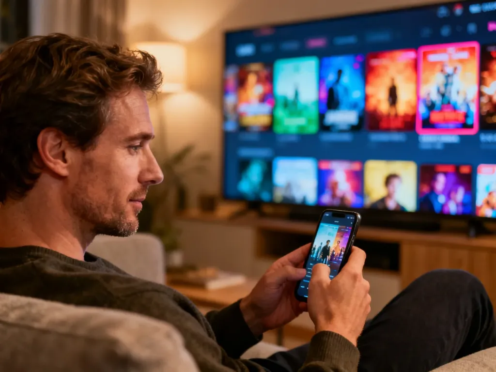 Mężczyzna siedzący na kanapie przegląda aplikację Disney+ na smartfonie, mając w tle włączony telewizor z filmami.