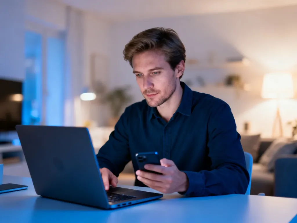 Mężczyzna pracujący przy laptopie w domowym biurze, korzystający z urządzeń elektronicznych do zarządzania usługami online.
