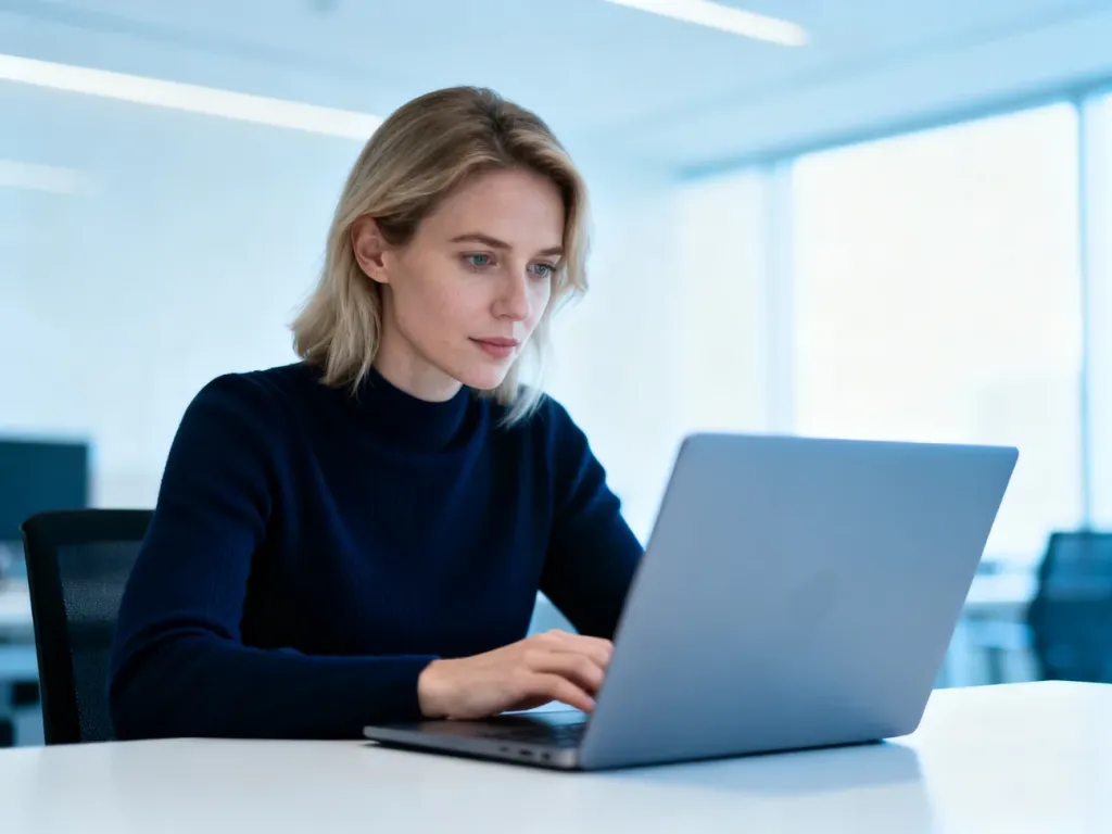 Kobieta pracująca przy laptopie w nowoczesnym biurze, symbolizująca bezpieczny i profesjonalny dostęp do platformy.